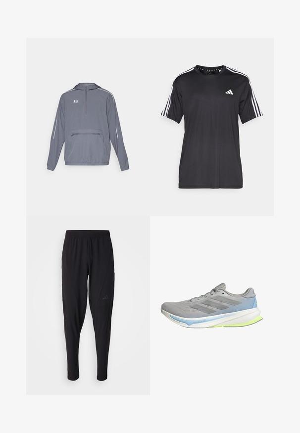 Halliine hall kerge kapuutsiga jope, millel on pooltõmbe esiosa, elastne alumine äär ja eesmine lukuga tasku. Omab valgeid aktsentjooni varrukatel.; Mustaline lühikeste varrukatega t-särk musta värviga, millel on valge kolme triibu disain õlgadel ja logo rinnal. Valmistatud hingavast kangast, sile tekstuur.; Mustad mustat spordipüksid elastse vöökohtaga, kitseneva disaini, küljetaskute ja peene logodetailiga. Valmistatud paindlikust ja hingavast kangast.; Kerged jooksujalatse hallist võrgust, millel on sinised ja laimikarva aktsendid. Omab kõverat tallat, tekstureeritud mustrit ja kuut auku paelte jaoks.