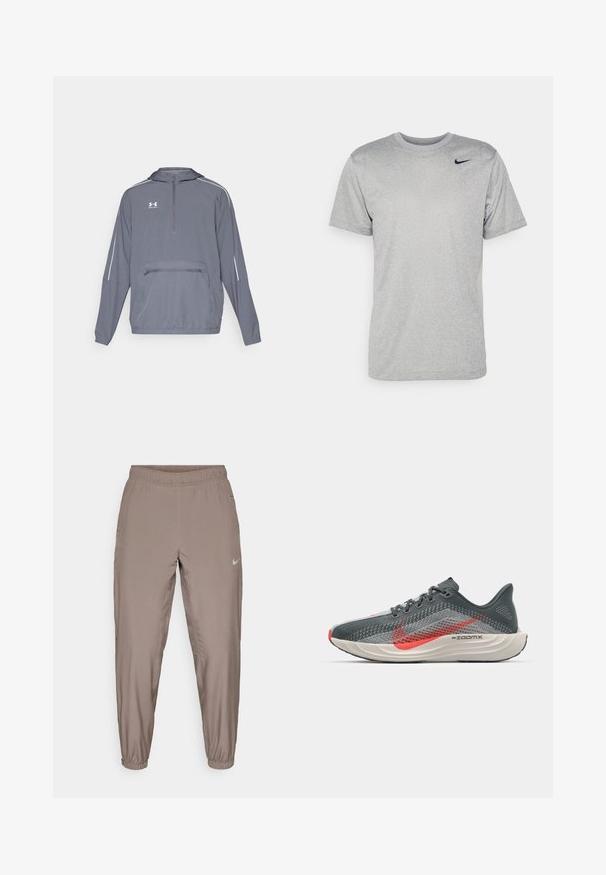 Gray lightweight hooded jacket with a half-zip front, elasticized hem, and a front zippered pocket. Features white accent lines on sleeves.; Gray short-sleeve t-shirt made of smooth fabric, featuring a black Nike logo on the left shoulder and a classic crew neckline.; Nike athletic pants in a light brown color, featuring an elastic waistband, tapered legs, and side pockets. Smooth, lightweight fabric.; Nike running shoe featuring a breathable gray mesh upper, red accents, sleek design, and a white cushioning sole marked with "ZoomX."