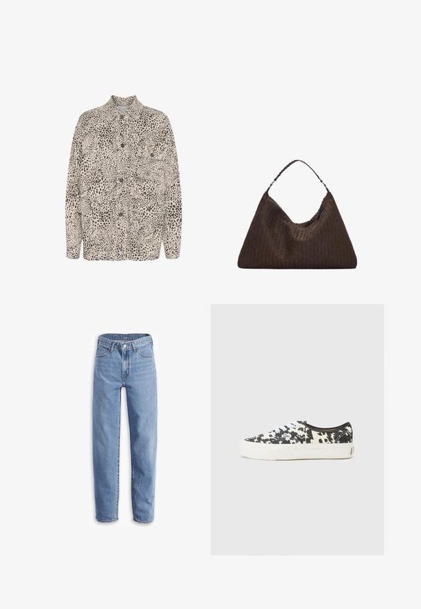 Beige gombos ing fekete leopárdmintás mintázattal, két elülső zsebbel és klasszikus gallér kialakítással.; Krém színű kötött pulóver, amely kábelekből álló kötési mintával készült, a "REBEL" szó fekete színben a elülső részén. Rövidített hosszúságú, bordás mandzsettákkal.; Világoskék, farmerből készült, laza szabású, egyenes lábú nadrág, öt zsebes dizájnnal és szaggatott szegélyekkel a sportos megjelenésért.; Fekete-fehér vászon sportcipő, tehénmintás dizájnnal, fehér fűzőkkel és fehér gumitalppal. Oldalán logócímke található.; Barna szőtt bőr kézitáska, amely laza, háromszög alakú. Fonott füllel és felső cipzárral rendelkezik.