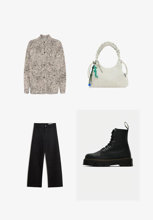 Camicia beige con bottoni caratterizzata da un motivo a stampa leopardo nera, due tasche frontali e un design a colletto classico.; Maglione cremoso a trecce con design cropped, polsini a costine e un contorno nero a contrasto sul collo e sull'orlo.; Pantaloni in denim neri a gamba larga con vita alta, dotati di tasche anteriori e posteriori, cuciture a punto, e chiusura con bottone. Texture liscia.; Stivali alla caviglia neri in pelle con lacci, dotati di una suola in gomma testurizzata e spessa, e dettaglio in cucitura gialla attorno alla piattaforma.; Borsa a mano in ecopelle avorio con manico arricciato, tasca con zip e charm verde. Texture liscia, logo in rilievo discreto e design elegante.