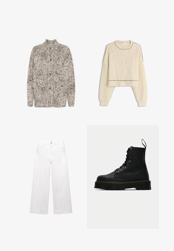 Bež srajca s gumbčki, ki ima črn leopardji vzorec, dva sprednja žepa in klasično zasnovo ovratnika.; Krem pulover z kabelskim pletenjem, ki ima skrajšan kroj, rebraste manšete in kontrastno črno obrobo na ovratniku in robu.; Bele široke jeans hlače iz bombaža, z visokim pasom, petimi žepi in medeninastimi dodatki. Gladka, nedotaknjena tekstura.; Črne usnjene čipkaste gležnjarje z robustnim strukturiranim gumijastim podplatom in podrobnostmi v rumeni barvi okoli platforme.