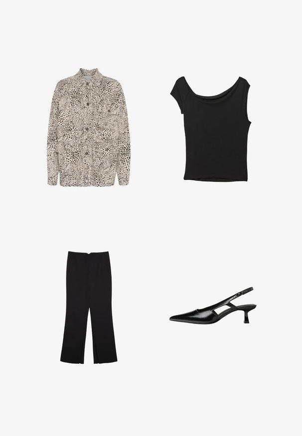 Camicia beige con bottoni caratterizzata da un motivo a stampa leopardo nera, due tasche frontali e un design a colletto classico.; Top nero a maniche corte realizzato in tessuto liscio; presenta un colletto drappeggiato e un orlo asimmetrico, con una vestibilità aderente.; Pantaloni neri a gamba dritta, con tasche frontali e spacchi laterali all'orlo. Realizzati in tessuto morbido e liscio. Adatti a diverse occasioni.; Tacchi slingback in pelle verniciata nera con punta affusolata, design con tagli laterali e tacco quadrato piccolo. Texture liscia con dettagli minimi.