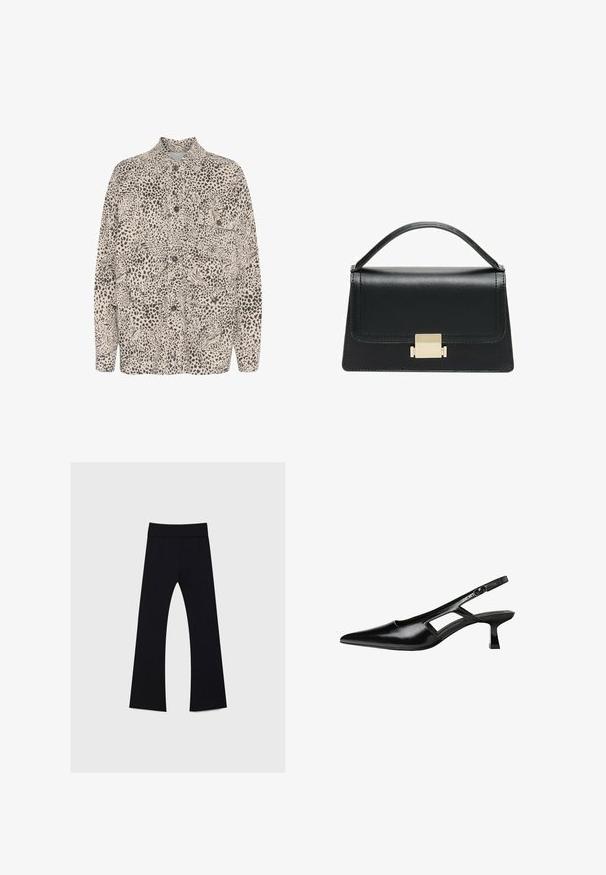 Chemise beige à boutons ornée d'un motif léopard noir, avec deux poches avant et un col classique.; Haut sans manches blanc avec un col rond. Fabriqué en tissu lisse, il présente une coupe décontractée et un design minimaliste. Pas de motifs ni d'accents.; Pantalons de yoga noirs avec une taille haute, fabriqués en tissu extensible, présentant un design à jambes évasées et une texture lisse partout.; Escarpins slingback en cuir verni noir avec un bout pointu, un design découpé sur les côtés et un petit talon carré. Texture lisse avec des accents minimaux.; Sac à main en cuir noir au design structuré, avec une poignée supérieure et un détail de fermoir en métal doré à l'avant. Texture lisse, couture minimale.