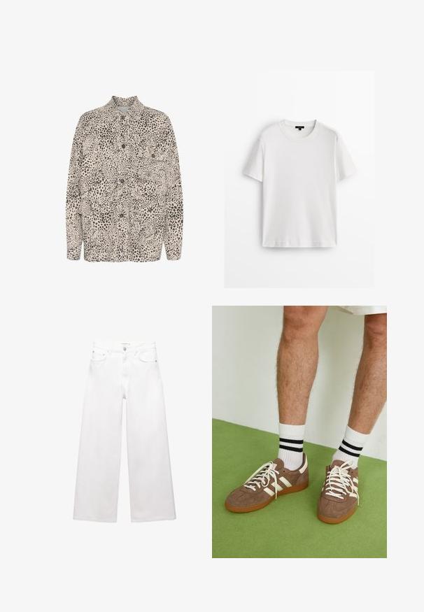 Beige button-up shirt featuring a black leopard print pattern, two front pockets, and a classic collar design.; White cotton t-shirt with short sleeves, crew neckline, and a relaxed fit. Smooth texture and simple design, no patterns or accents.; White wide-leg jeans made of cotton, featuring a high waist, five-pocket design, and brass hardware accents. Smooth, non-distressed texture.; Brown suede sneakers with white accents and laces. Rubber gum sole. Worn with white socks featuring black stripes. Green textured flooring.