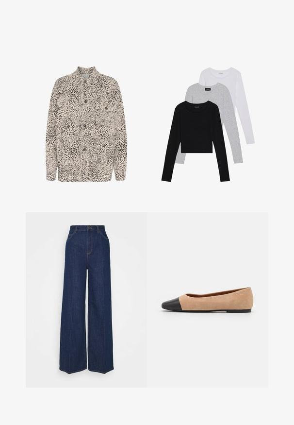 Beige blouse met een zwart luipaardprintpatroon, twee voorkruiszakken en een klassieke kraag.; Drie langmouwige tops gestapeld: zwart, grijs en wit. Elke top heeft een ronde halslijn en een cropped ontwerp van soepel, lichtgewicht materiaal.; Hoge taille wijdvallende donkerblauwe denim jeans met voor- en achterzakken, knoopsluiting en zichtbare stikseldetails.; Beige suède ballet flats met een zwarte leren ronde neuskap, lage hak en een gladde textuur, met minimale stiksels en een schone uitstraling.
