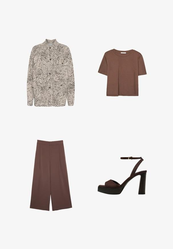Chemise beige à boutons ornée d'un motif léopard noir, avec deux poches avant et un col classique.; T-shirt marron à manches courtes en tissu doux, avec un col rond et une coupe décontractée. Aucun motif ni accent visible.; Pantalons larges marron avec une texture lisse, dotés d'une taille haute et de plis à l'avant. Le tissu est léger et tombe de manière fluide.; Sandale à talons hauts en suede marron avec un bout ouvert, une bride de cheville réglable et une semelle de plateforme rayée.