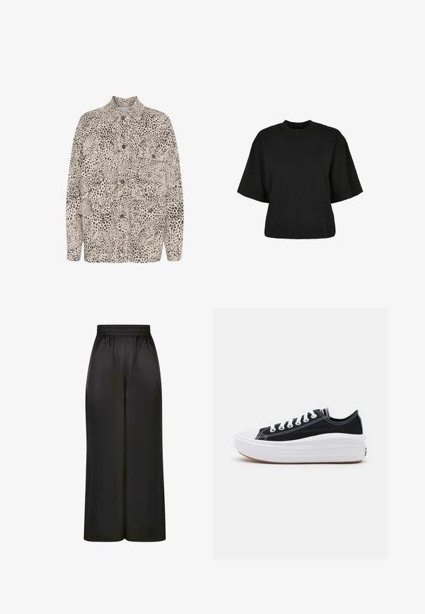 Beige Hemd mit Knopfleiste, das ein schwarzes Leopardenmuster, zwei vordere Taschen und ein klassisches Kragen-Design aufweist.; Schwarzes, kurz geschnittenes T-Shirt aus Baumwolle. Hat kurze Ärmel und einen runden Halsausschnitt. Glatte Textur mit einem schlichten Design, ohne zusätzliche Muster.; Schwarze, weit geschnittene Hosen aus glattem, glänzendem Stoff mit elastischem Bund und ohne sichtbare Taschen oder Metallteile.; Schwarze Canvas-Sneaker mit weißen Schnürsenkeln, weißer Gummikappe und einer massiven weißen Zwischensohle. Besondere Merkmale sind dezente weiße Nähte und eine Gummisohle.