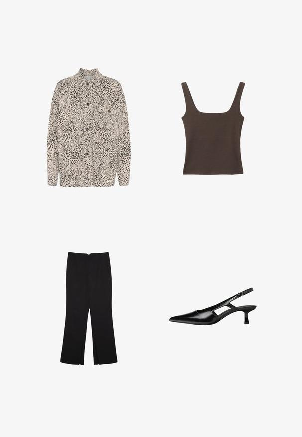 Camicia beige con bottoni caratterizzata da un motivo a stampa leopardo nera, due tasche frontali e un design a colletto classico.; Top senza maniche marrone con scollo quadrato, realizzato in tessuto morbido ed elastico. Presenta un design aderente e cuciture piatte.; Pantaloni neri a gamba dritta, con tasche frontali e spacchi laterali all'orlo. Realizzati in tessuto morbido e liscio. Adatti a diverse occasioni.; Tacchi slingback in pelle verniciata nera con punta affusolata, design con tagli laterali e tacco quadrato piccolo. Texture liscia con dettagli minimi.