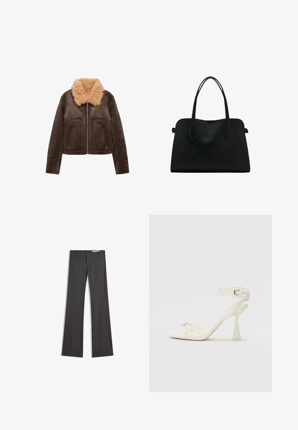 Jachetă din piele de oaie maro cu un guler de blană bej curly. Are buzunare în față și un sistem de închidere cu fermoar. Textură netedă, design scurt și mâneci lungi.; Pulover scurt, de culoare gri închis, cu mâneci lungi, guler rotund și un finisaj texturat. Design simplu, fără modele sau embellishments.; Pantaloni gri evazați dintr-un material neted, cu un front plat, bucle pentru curea și un design ajustat cu linii curate.; Sandalele cu toc înalt, cu bretele, din piele albă, cu un design elegant, toc transparent și un element decorativ la vârf.; Geantă din piele neagră cu două mânere pentru umăr, formă rectangulară și design minimalistic pe un fundal alb.