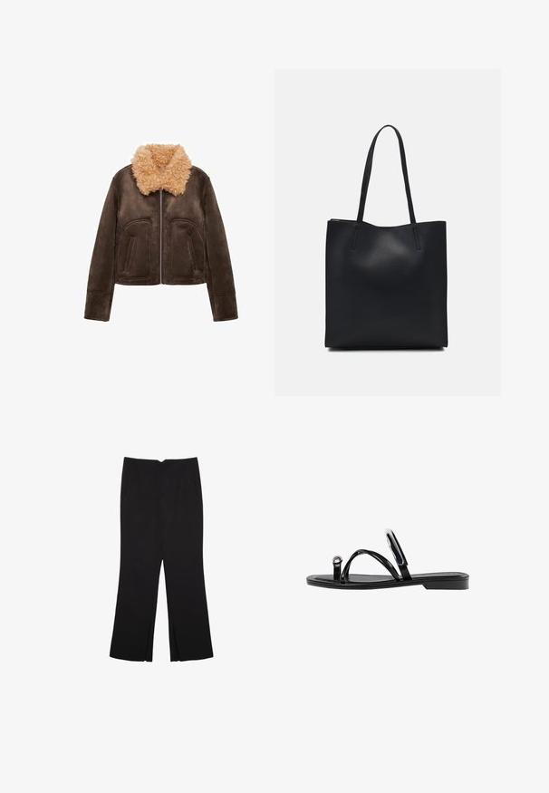 Hnedá ovčia koženka s kučeravým béžovým kožušinovým golierom. Obsahuje predné vrecká a zips. Hladká textúra, skrátený dizajn a dlhé rukávy.; Čierny bezrukávový top vyrobený z hladkej tkaniny, s okrúhlym výstrihom a priliehavým strihom bez viditeľných vzorov alebo ozdôb.; Čierne nohavice so strihom rovného strihu, s prednými vreckami a bočnými rozparkami na leme. Vyrobené z mäkkej, hladkej tkaniny. Vhodné na rôzne príležitosti.; Čierne ploché sandále s lesklým povrchom, tromi tenkými popruhmi a okrúhlou kovovou ozdobou na prste. Elegantný dizajn s minimálnym podpätkom.; Čierna kožená taška na rameno s hladkým povrchom, obdĺžnikovým tvarom a dvoma dlhými uchami. Bez viditeľného kovania alebo ozdôb.