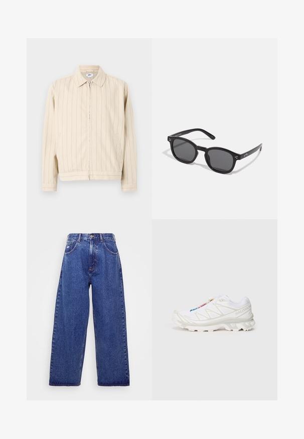 Casaco bege com fecho éclair e riscas verticais azuis claras. Apresenta um colarinho, dois bolsos laterais e uma bainha reta. Confeccionado em tecido de algodão.; Camiseta branca de mangas curtas em tecido de algodão com decote redondo. Design simples, sem padrões ou detalhes. Textura suave.; Jeans de denim azul de perna larga, com cintura alta, apresentando cinco bolsos, fecho de botão e um desbotado discreto para textura.; Sapatilha atlética branca com parte superior em malha texturada, detalhes refletivos e sola acolchoada. Logótipo da marca destacado na lateral.; Óculos de sol pretos em formato oval com lentes escuras, armações grossas e detalhes em ponto prateado nas laterais. Material plástico suave, design contemporâneo.