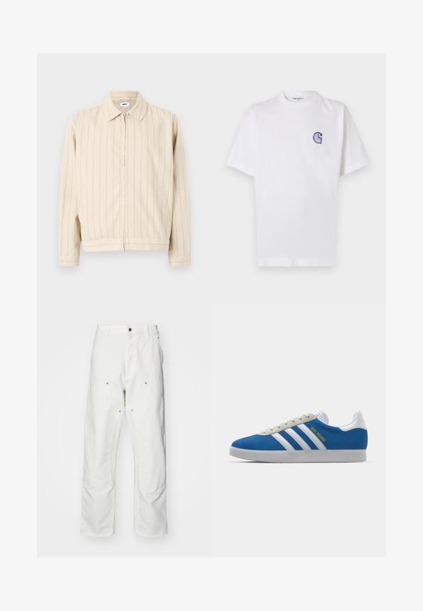 Beige zip-up jacket with vertical light blue stripes. Features a collar, two side pockets, and a straight hem. Made of cotton fabric.; White cotton t-shirt with short sleeves, round neckline, and a small, embroidered blue "C" logo on the left chest area.; White cotton cargo pants with a relaxed fit. Features include front pockets, gold hardware accents, and reinforced knee sections.; adidas Originals ADIDAS GAZELLE SHOES - Indoor football boots - real madrid/bluebird/footwear white/crew yellow