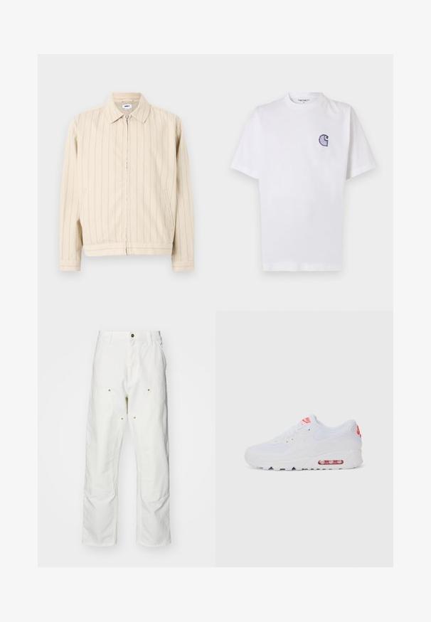 Bežs rāvējslēdzēja jakas ar vertikālām gaismas zilām svītrām. Aprīkota ar apkakli, divām sānu kabatām un taisnu apakšmalu. Izgatavota no kokvilnas auduma.; Balts kokvilnas T-krekls ar īsām piedurknēm, apaļu kakla izgriezumu un nelielu izšūtu zilu "C" logotipu kreisajā krūšu daļā.; Baltas kokvilnas kargo bikses ar brīvu piegriezumu. Iezīmes ietver priekšējās kabatas, zeltītas detaļas un pastiprinātas ceļa daļas.; Baltas sporta apavi ar gludu augšdaļu, saitēm, mīkstu zoli un redzamu gaisa vienību ar sarkaniem akcentiem uz zīmola.