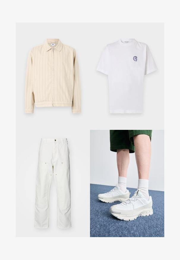 Casaco bege com fecho éclair e riscas verticais azuis claras. Apresenta um colarinho, dois bolsos laterais e uma bainha reta. Confeccionado em tecido de algodão.; T-shirt branca de algodão com mangas curtas, decote redondo e um pequeno logotipo azul "C" bordado no lado esquerdo do peito.; Calças cargo brancas em algodão com um corte descontraído. As características incluem bolsos frontais, detalhes em metal dourado e áreas de joelhos reforçadas.; Sapatos atléticos brancos com sobreposições texturizadas, sola espessa e detalhes em cinza. Usados com meias brancas até ao tornozelo e calções verdes sobre uma superfície azul.