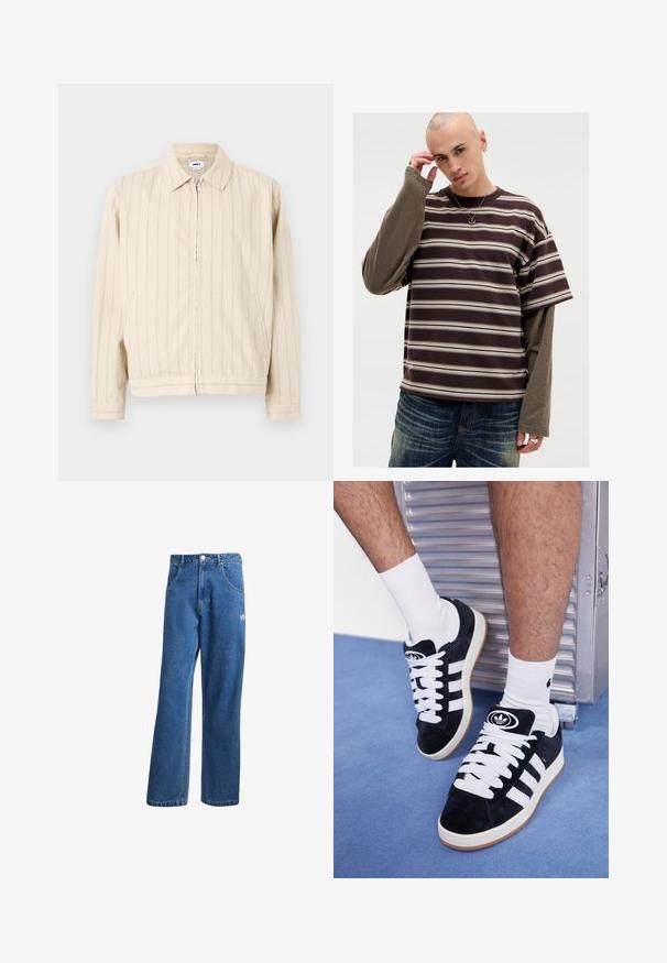 Casaco bege com fecho éclair e riscas verticais azuis claras. Apresenta um colarinho, dois bolsos laterais e uma bainha reta. Confeccionado em tecido de algodão.; Camisa de manga curta listrada em marrom e bege com uma camada de base de manga longa. Textura suave, corte descontraído e decote redondo. Acessórios prateados visíveis.; Calças de ganga azul com cintura alta e perna larga, com bolsos frontais, passadores de cinto, fecho de botão e pequeno logótipo da Adidas na coxa direita.; Sapatilhas de camurça pretas com atacadores brancos e três riscas brancas. Apresentam um logotipo circular preto na língua e uma sola de borracha tan.