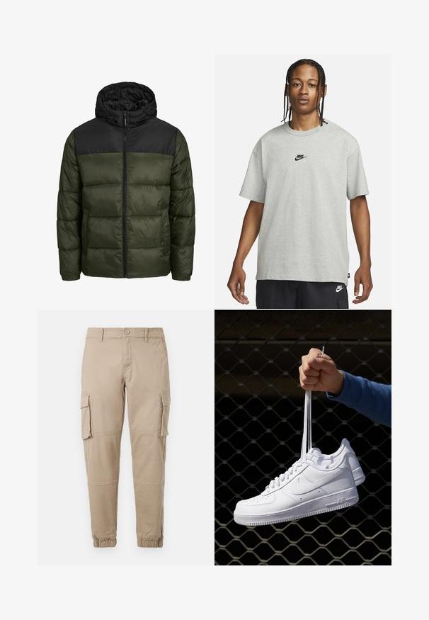 Jack & Jones Winterjacke - rosin; Junge Person mit geflochtenem Haar, die ein hellgraues Nike-T-Shirt und schwarze Nike-Shorts trägt, vor einem einfarbigen weißen Hintergrund.; Beige Cargo-Hosen aus leichtem Baumwollmaterial. Mit elastischen Bündchen, mehreren Seitentaschen und einem Knopfverschluss.; Weiße Leder-Sneaker mit Perforationen, runder Zehenpartie, flacher Sohle und dicken Schnürsenkeln, mit sichtbar eingesticktem Swoosh-Logo und "AIR" an der Ferse.