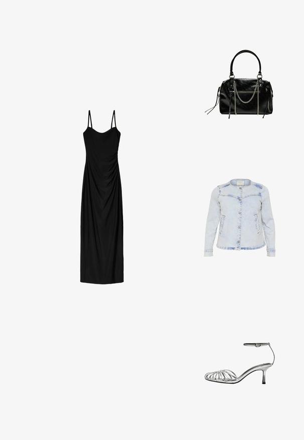 Lichtblauwe denim jasje met lange mouwen, ronde kraag, sluiting met knopen aan de voorkant en twee zijzakken. Heeft een licht versleten uitstraling.; Zwart midi-jurk met dunne verstelbare bandjes, voorzien van een gedrapeerd ontwerp en een gladde textuur. Geen zichtbare patronen of versieringen.; Zilveren, strapless sandaal met een lage hak, voorzien van meerdere kruislings straps, een enkelbandje met een gesp en een gladde, glanzende textuur.; Bershka WITH CHAIN - Handtas - black