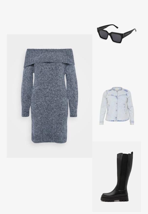 Chaqueta de mezclilla azul claro con mangas largas, cuello redondeado, cierre frontal de botones y dos bolsillos laterales. Presenta una textura ligeramente desgastada.; Camisa blanca recortada con cuello puntiagudo, mangas largas y una textura suave. Presenta una tapeta delantera con botones a juego.; Vestido de punto en gris oscuro con escote off-the-shoulder, manga larga y un patrón texturizado en toda la prenda.; Bota negra hasta la rodilla hecha de cuero suave con paneles laterales elásticos, suela de plataforma gruesa y textura estriada en la base.; Gafas de sol cuadradas negras con montura gruesa y lentes oscuros. Presenta una marca en el brazo lateral. Acabado suave con textura mate.