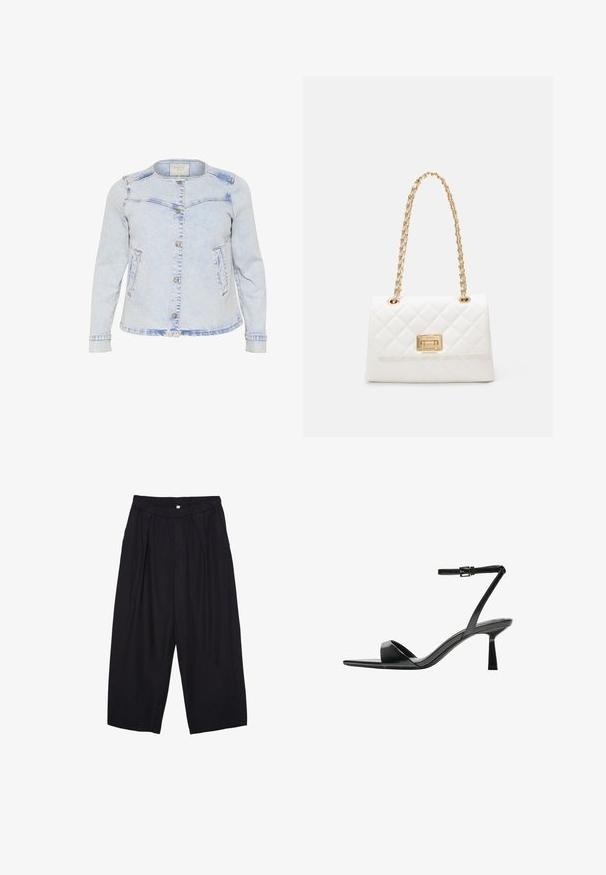 Hellblaues Jeansjacke mit langen Ärmeln, runder Kragen, Knopfverschluss vorne und zwei Seitentaschen. Mit leicht abgewetztem Look.; Weißes Langarm-T-Shirt aus geripptem Stoff mit Rundhalsausschnitt und geradem Saum. Schlichtes, einfarbiges Design.; Schwarze Polyester-Culotte mit einem elastischen Bund, zwei vorderen Falten und einer lockeren Silhouette. Keine sichtbaren Muster oder Hardware-Details.; Bershka High Heel Sandalette - black; Weißes, gesteppte Handtasche mit goldener Kettentragriemen und rechteckigem Verschluss. Verfügt über eine glatte Textur und ein geometrisches Steppmuster.