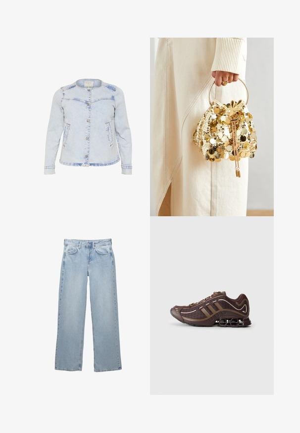 Ljusblå denimjacka med långa ärmar, rundad krage, knäppning framtill med knappar och två sidfickor. Har en lätt sliten textur.; Svart långärmad topp i mjukt material, med en draperad design med en överlappande front och båtringning. Slät textur, kort längd.; Ljusblå denim byxor med vid bendesign, featuring en knapp- och dragkedjestängning, fem fickor och minimala sömnadsdetaljer.; Brun atletisk sko med överdel i mesh och syntetmaterial, med tre ränder, detaljerad sömnad, vadderad sula och karakteristisk fjädrande häl.; Gul paljettdragväska med ett cirkulärt handtag, featuring glänsande runda paljetter och en texturerad tyg. Måtten är inte angivna.