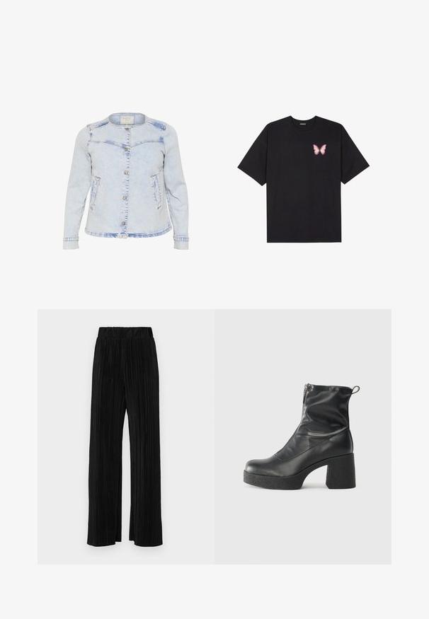 Světle modrá džínová bunda s dlouhými rukávy, kulatým límečkem, zapínáním na knoflíky vpředu a dvěma bočními kapsami. Má mírně opotřebovaný vzhled.; Černé bavlněné tričko s krátkým rukávem, na levém prsou s malou grafikou růžové motýlky. Design s kruhovým výstřihem a volným střihem.; Černé plisované kalhoty s elastickým pasem. Mají široké nohavice a hladkou, strukturovanou tkaninu s vertikálními pruhy.; Černé kotníkové boty vyrobené z hladké kůže, s bočním zipem, robustním strukturovaným podpatkem a kulatou špičkou.