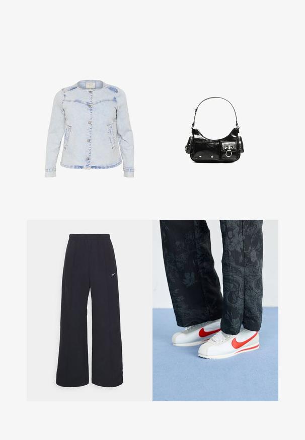 Svetlo modra denim jakna z dolgimi rokavi, zaobljenim ovratnikom, sprednjim gumbom ter dvema stranskima žepoma. Ima nekoliko obrabljen videz.; Bela majica s kratkimi rokavi in okroglim ovratnikom, izdelana iz mehke bombažne tkanine, ki ima preprost, čist dizajn brez vidnih vzorcev ali poudarkov.; Črne široke hlače s elastiko v pasu in malim belim logotipom Nike. Tkanina ima gladko teksturo, zasnovano za udobje in sproščeno nošenje.; Bele Nike teniske z rdečimi akcenti, v kombinaciji z črnimi hlačami s cvetličnim vzorcem. Tekstura je gladka z ravnim pletenim podplatom.; Črna lakasta usnjena torbica s ukrivljeno obliko, enim ramenskim trakom, sprednjimi žepi in srebrnimi kovinskimi dodatki.