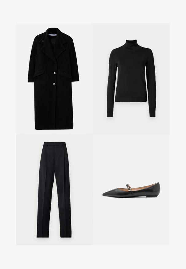 Ilgas juodas vilnonis paltas su plačiomis atvartais, trimis priekiniais mygtukais, dviem kišenėmis su atvartais ir ilgomis rankovėmis.; Juoda ilgomis rankovėmis turtleneko tipo megztinis su rebruotomis rankovėmis ir apačia, eksponuojamas ant paprasto balto fono.; Juodos kelnės iš lygaus audinio, pasižyminčios aukštu liemeniu, plačiomis kojomis, priekinėmis klostėmis ir klasikiais diržo kilpomis. Šoninių kišenių nematyti.; Juodos odinės baleto bateliai su smailiu pirštu ir šoniniu dirželiu, papuoštu apvaliu auksiniu akcentu. Lengvi su plokščiu padu.
