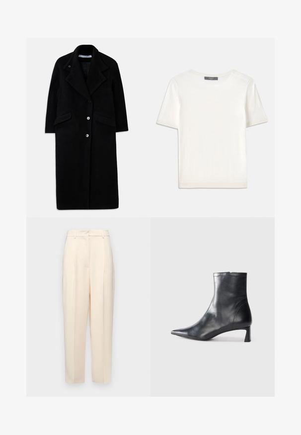 Pikk must villane mantel laia krae, kolme esiseibi, kahe flapi tasku ja pikkade varrukatega.; Valge lühikeste varrukatega soonikutega viimistletud ringkaelusega kampsun, millel on sile tekstuur.; Beežid kohandatud püksid otse lõikega, ees volditud, siledast tekstuurist ja keskmise kõrgusega vöökoht. Nähtavaid taskuid ei ole.; Mustad mustall nahkasaabas terava nina ja stiilse disainiga. Omab madalat konts ja luku sulgemist taga. Sile tekstuur.