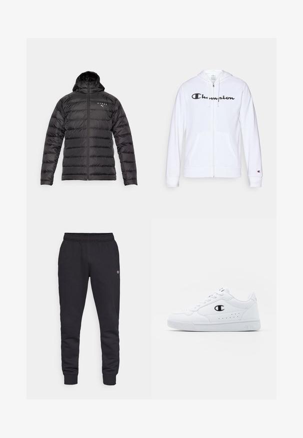 Sort puffjakke med hætte, quiltet design, frontlynlås og logoer i hvid. Den har en glat, jævn tekstur og tætsiddende ærmer.; Hvid zip-hoodie lavet af blødt stof, med et sort "Champion" logo på brystet, kængurulommer og ribbede manchetter.; Hvid crewneck t-shirt lavet af bomuld, med korte ærmer og et lille logo broderet på venstre brystområde. Blød tekstur.; Sorte bomulds-svederbukser med elastisk midte og manchetter. Har logo detaljer på siden. Glat tekstur, tapered design.; Hvide atletiske sneakers med en glat syntetisk overdel, sort logoaccent og perforerede detaljer på siden. Gummisål.