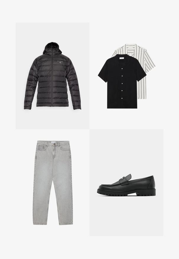 Svart pufferjakke med hette, quilte-design, frontglidelås og logoer i hvitt. Har en slank, glatt tekstur og tettsittende ermer.; To korte ermer skjorter: en i ensfarget svart, en hvit med svarte vertikale striper. Begge har knappelukkinger og klassisk krage.; Lys grå denimbukser med rett ben-design, fem lommer og knappelukking. Synlig søm langs sømmene.; Sorte lærloafere med rund tå, med en syddesign, lav plattformsåle og en teksturert, ruggede gummisåle.
