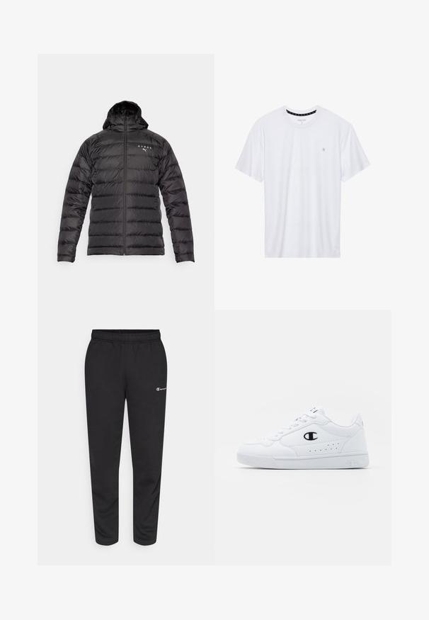Juodas pūkinis švarkas su kapuce, įsiūtas dizainas, priekinis užtrauktukas ir balti logotipai. Savybės: glotni, lygi tekstūra ir prigludę rankovės.; Balta apvalios kaklo marškinėliai, pagaminti iš medvilnės, su trumpomis rankovėmis ir mažuoju logotipu, išsiuvinėtu kairėje krūtinės pusėje. Minkštas audinys.; Juodos medvilnės mišinio sportinės kelnės, su elastine juosta ir maža balta logo kairėje pusėje. Šlaunies siaurinimo dizainas.; Baltos sportinės kedai su lygiu sintetinės medžiagos viršumi, juodu logotipo akcentu ir perforuotomis detalėmis šonuose. Gumos padas.