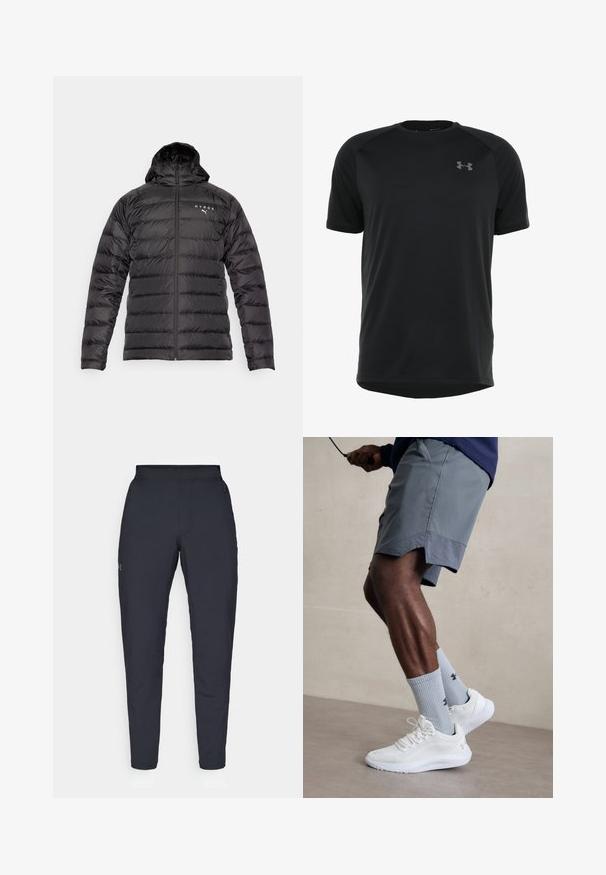 Svart pufferjakke med hette, quilte-design, frontglidelås og logoer i hvitt. Har en slank, glatt tekstur og tettsittende ermer.; Svart treningst-skjorte med korte ermer laget av glatt, lett stoff. Har rund halslinning og diskret logo på brystet.; Sorte treningbukser med glatt tekstur, smal passform, elastisk midjebånd og sidelommer. Har en liten logo på venstre lår.; Hvite treningssko med teksturert mesh-overdel, kombinert med lyseblå ribbestrikkede sokker med logo. Grå treningsshorts med perforert kant.