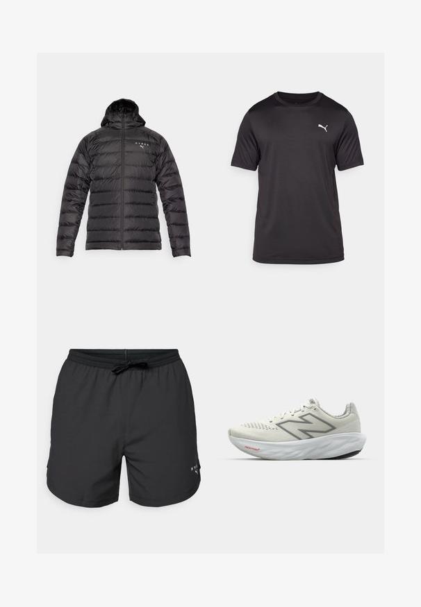 Mustmust riiet, millel on kapuuts, tepitud disain, eesne lukuga ja valged logod. Omab sujuvat ja sileda tekstuuri ning sobivaid varrukaid.; Must beebise mustri t-särk, mis on valmistatud niiskust eemaldavast kangast, ümmarguse kaelaauguga, lühikeste varrukatega ning mille vasakul rinnal on väike valge logo.; Mustad ujumispüksid elastse vöökoha ja nööriga. Kerged kangad küljetaskutega. Hemis on väike logo.; Valged jooksujalatsid hallide aktsentidega. Võrgust pealis, tekstureeritud tallad ja silmatorkav "N" logo. Omab pehmendatud kaelaosa ja "Fresh Foam" sildi.