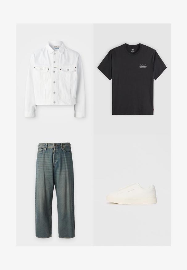 Replay M9Z1 JACKET - Denim jacket - natural white; Black cotton t-shirt with short sleeves and a round neck. Features a small white graphic print on the left chest. Smooth texture.; Light blue denim jeans with a loose fit, mid-rise waist, and straight legs. Features five pockets, belt loops, and a button closure.; White slip-on sneakers with a textured surface, a thick sole, and minimalistic design. Features brand logo on the side.