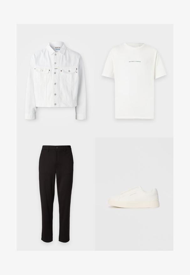 Replay M9Z1 JACKET - Farkkutakki - natural white; Valkoinen puuvillainen t-paita, jossa on lyhyet hihat ja pyöreä pääntie. Keskellä teksti "TERVETULOA PARATIISIIN" kaarevalla vihreällä fontilla.; Mustat housut, jotka on valmistettu kevyestä kankaasta, suorat lahkeet, edessä nappikiinnitys, vyölenkit ja sivutaskut.; Valkoiset liukusukat, joissa on teksturoitu pinta, paksu pohja ja minimalistikot. Sivulla on brändin logo.