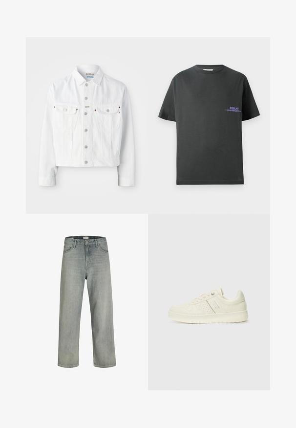 Replay M9Z1 JACKET - Jeansjakke - natural white; Mørkegrå bomulls t-skjorte med rund hals. Har et lite lilla trykk på venstre bryst med teksten "REPLAY." Korte, rette ermer.; Lys grå, løstsittende jeans laget av denim. Har en klassisk fem-lomme-design, beltehemper og en rett ben-silhuett.; Kremfargede sneakers med perforerte detaljer, snøring og logo på siden, vist mot en enkel hvit bakgrunn.