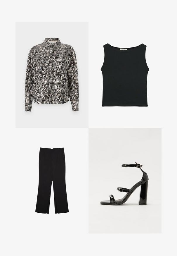 Béžová košeľa s dlhým rukávom a čiernymi pruhmi zebry, s golierom, dvoma náprsnými vreckami a čiernymi patentkami.; Čierny bezrukávový top vyrobený z hladkej tkaniny, s okrúhlym výstrihom a priliehavým strihom bez viditeľných vzorov alebo ozdôb.; Čierne nohavice so strihom rovného strihu, s prednými vreckami a bočnými rozparkami na leme. Vyrobené z mäkkej, hladkej tkaniny. Vhodné na rôzne príležitosti.; Čierne lakované sandále na podpätku so štvorcovou špičkou, navlečenými remienkami okolo členku a striebornými prackami. Disponujú masívnym blokovým podpätkom pre stabilitu.