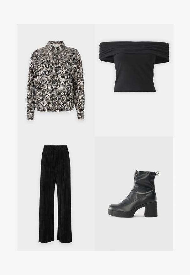 Beige színű, fekete zebra mintás, hosszú ujjú ing, gallérral, két mellzsebellyel és fekete patent gombokkal.; Fekete, vállon túl viselhető felső, a nyakrésznél redőzött textúrával, rövid ruhaujjakkal és fitted cropped fazonnal. Rugalmas anyagból készült.; Fekete pliszírozott nadrág gumis derekkal. Széles lábakkal rendelkezik, sima, texturált anyagból készült, függőleges csíkokkal.; Fekete bokacsizmák sima bőrből, oldalsó cipzárral, vastag, texturált sarkú és lekerekített orrú dizájnnal.