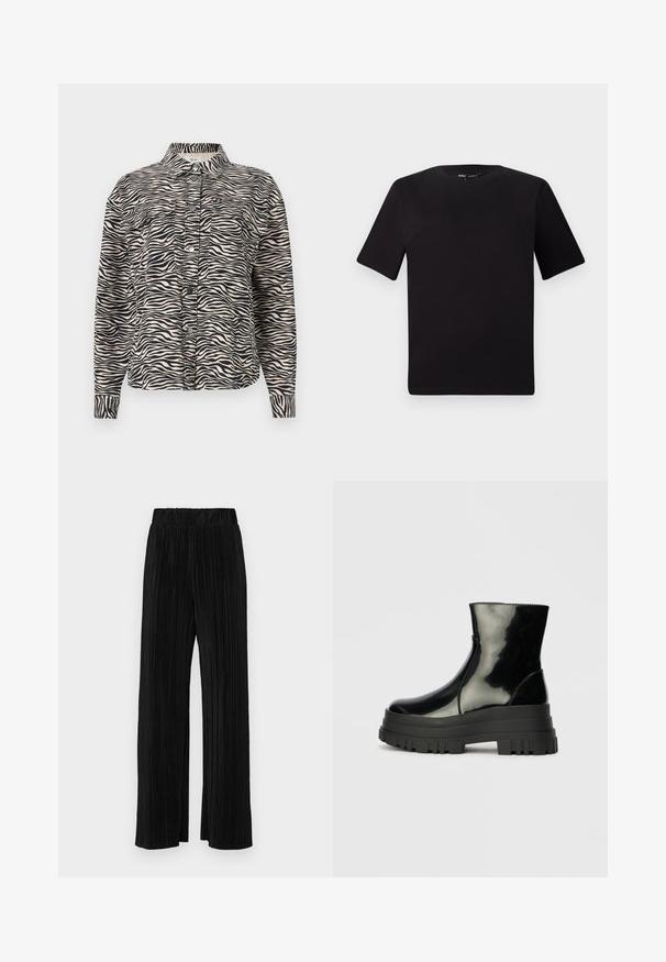 Cămașă cu mânecă lungă, cu nasturi, de culoare bej cu dungi negre de zebră, având guler, două buzunare la piept și nasturi negri tip popper.; Tricou scurt negru cu mânecă scurtă și guler rotund, realizat dintr-un material de bumbac moale. Design simplu, fără logo-uri sau modele vizibile.; Pantaloni negri plisati cu talie elastică. Prezintă picioare largi și un material neted, texturat, cu dungi verticale.; Botine negre, lucioase, până la gleznă, cu talpă groasă și vârf rotund, vedere laterală pe un fundal gri deschis, simplu.