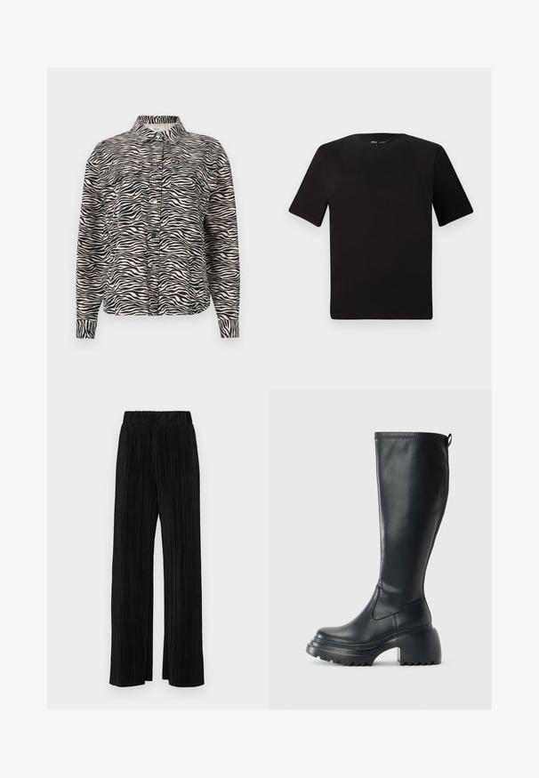 Camicia button-up a maniche lunghe di colore beige con strisce zebra nere, dotata di colletto, due tasche sul petto e bottoni a scatto neri.; T-shirt nera a maniche corte con scollatura rotonda, realizzata in morbido cotone. Design semplice, senza loghi o motivi visibili.; Pantaloni neri a plissé con vita elasticizzata. Presentano gamba ampia e un tessuto liscio e texture con strisce verticali.; Stivale lungo in pelle nera con suola piatta robusta e tacco a blocco, dotato di linguetta e battistrada testurizzato sulla suola.