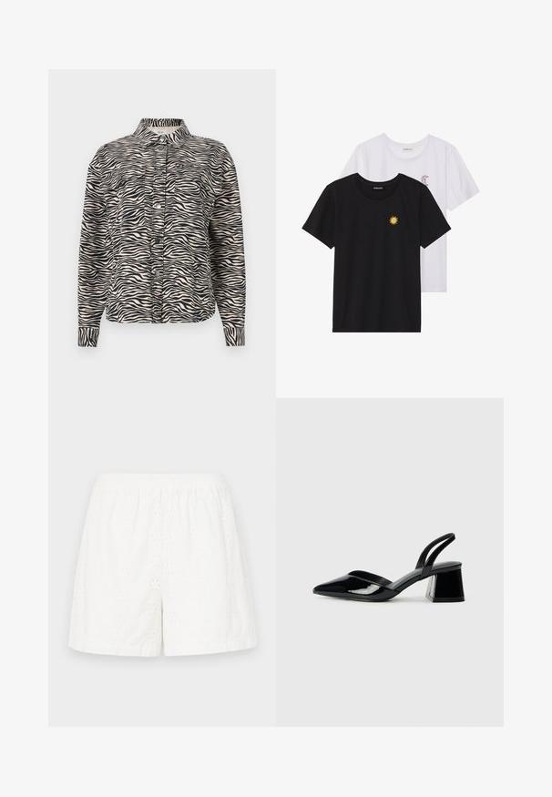 Langermet skjorte med knapper i beige med svarte zebrastriper, med krage, to brystlommer og svarte trykknapper.; Svarte og hvite T-skjorter, rund hals, korte ermer. Den svarte T-skjorten har gul brodering av en sol; den hvite har lilla halvmåne-detaljer.; Hvite bomullsshorts med elastisk midjebånd, med broderte perforerte mønstre og en avslappet passform. Glatt tekstur, knelengde.; Svarte patentlær slingback hæler med spiss tå og geometrisk blokk hæl. Har et stilrent, minimalistisk design og jevn tekstur.