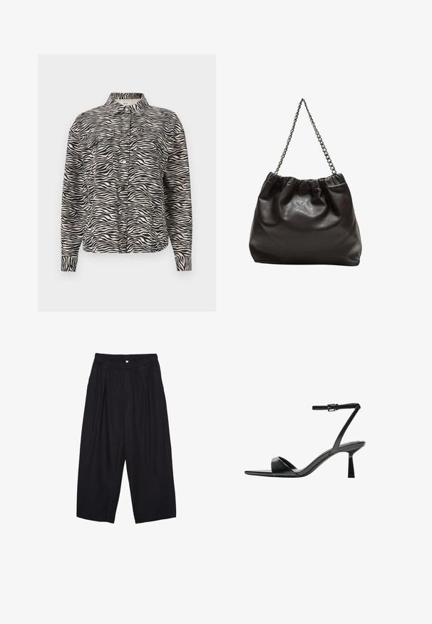 Långärmad skjorta med knappar i beige med svarta zebraränder, med krage, två bröstfickor och svarta tryckknappar.; Svart t-shirt med kort ärm, tillverkad av mjukt tyg. Har en klassisk rund halsringning och en avslappnad passform. Inga mönster eller detaljer synliga.; Svarta polyester culottbyxor med elastisk midja, två framfickor och en lös silhuett. Inga synliga mönster eller hårdvarudetaljer.; Bershka Sandaletter - black; Brun läderväska med rynkad topp och kedjesnodd. Slät textur med en blankslipad yta och subtila sömdetaljer på sidorna.