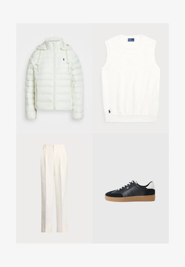 Casaco puffer branco com fecho de zíper e capuz. Apresenta seções acolchoadas horizontais e um logótipo azul no lado esquerdo do peito. Textura suave e lisa.; Sweater branco sem mangas, feito de algodão liso, com uma bainha canelada e um pequeno logotipo em navy na parte inferior esquerda. Design simples, sem padrões.; Polo Ralph Lauren HEMP WIDE LEG PANT - Calças - nevis; Sapatilhas de couro preto e camurça com sola de borracha castanha-clara. Apresenta atacadores brancos e pequenos furos nas laterais. Logótipo da Michael Kors presente.