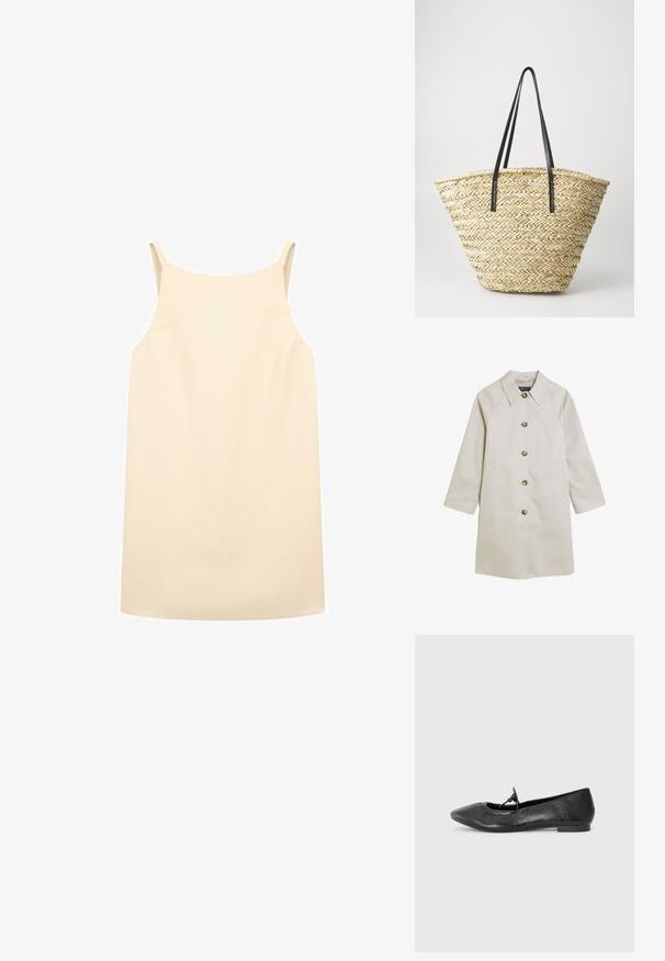 Lichtbeige jas van glad materiaal, met een notch-kraag, knoopsluiting, zijzakken en raglanmouwen.; Beige mouwloze jurk met een ontspannen pasvorm, gemaakt van gladde stof, voorzien van dunne schouderbanden en een rechte zoom.; Zwarte leren balletschoenen met een spitse neus, textuur oppervlak en een klein strikje op de wreef. Lage, platte hak.; Gevlochten stro tote bag met een brede, taps toelopende vorm, voorzien van twee zwarte leren handvaten. Natuurlijke beige kleur met een gestructureerd oppervlak.