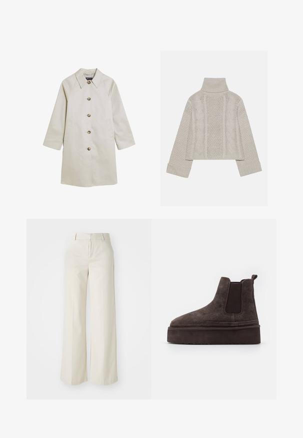 Helle beige Jacke aus glattem Material, mit Reverskragen, Knopfverschluss, Seitentaschen und Raglanärmeln.; Gekürzter, hellgrauer Strickpullover mit hohem Kragen und gerippten Bündchen, ausgestattet mit strukturierten Zopfmustern entlang des Rückens und der Seiten.; Weite Hosen in einem hellbeigen Farbton, aus einem glatten Stoff gefertigt. Mit einem klassischen Bund und flachem Vorderteil, das klare Linien zeigt.; Braune Wildleder Chelsea-Stiefel mit elastischen Seitenpaneelen und einer dicken, strukturierten Plattformsohle. Mit einem Ziehband an der Ferse für ein einfaches An- und Ausziehen.