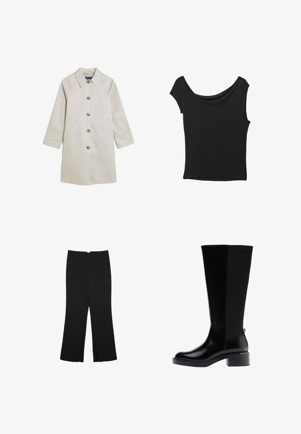 Helle beige Jacke aus glattem Material, mit Reverskragen, Knopfverschluss, Seitentaschen und Raglanärmeln.; Schwarzes Kurzarmoberteil aus glattem Stoff; hat einen drapierten Ausschnitt und einen asymmetrischen Saum, mit einem figurbetonten Körper.; Schwarze Hose mit geradem Schnitt, ausgestattet mit Fronttaschen und Seitenschlitzen am Saum. Hergestellt aus weichem, glattem Stoff. Geeignet für verschiedene Anlässe.; Schwarzer kniehoher Stiefel aus glattem Leder, mit markanten Nähten, klobigem Absatz und einer strukturierten Rückseite für zusätzlichen Akzent.
