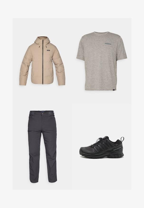 Bežna puffer jakna s kapuljačom, zatvaranjem na zip i elastičnim manžetama. Ima vodootporni materijal i mali logo na prsima.; Siva majica kratkih rukava izrađena od mekane, teksturirane tkanine s malim plavim Patagonia logotipom na lijevoj strani prsiju. Bez dodatnih uzoraka.; Tamno sivi hlače od izdržljive tkanine, s patentnim zatvaračem na džepu, ravnog kroja i s petljama za remen za podešavanje veličine.; Crne atletske cipele s teksturiranim sintetičkim gornjim dijelom, podstavljenim đonom i sustavom brzog vezivanja. Imaju ojačani nos i petu.