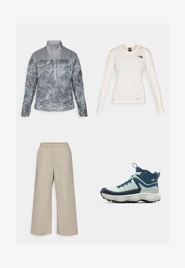 Lekki pulower w szarym i niebieskim wzorze w kamuflaż, z wysokim kołnierzem, przednim zamkiem na pół, oraz teksturowanymi akcentami na tkaninie.; The North Face - Bluzka z długim rękawem; Spodnie o szerokich nogawkach w jasnobeżowym materiale z elastycznym pasem, gładką teksturą i bez widocznych elementów metalowych czy wzorów.; Męskie buty trekkingowe w jasnym odcieniu turkusowym i granatowym. Posiadają teksturowaną cholewkę, formowaną gumową osłonę na palce oraz agresywną podeszwę dla lepszej przyczepności.