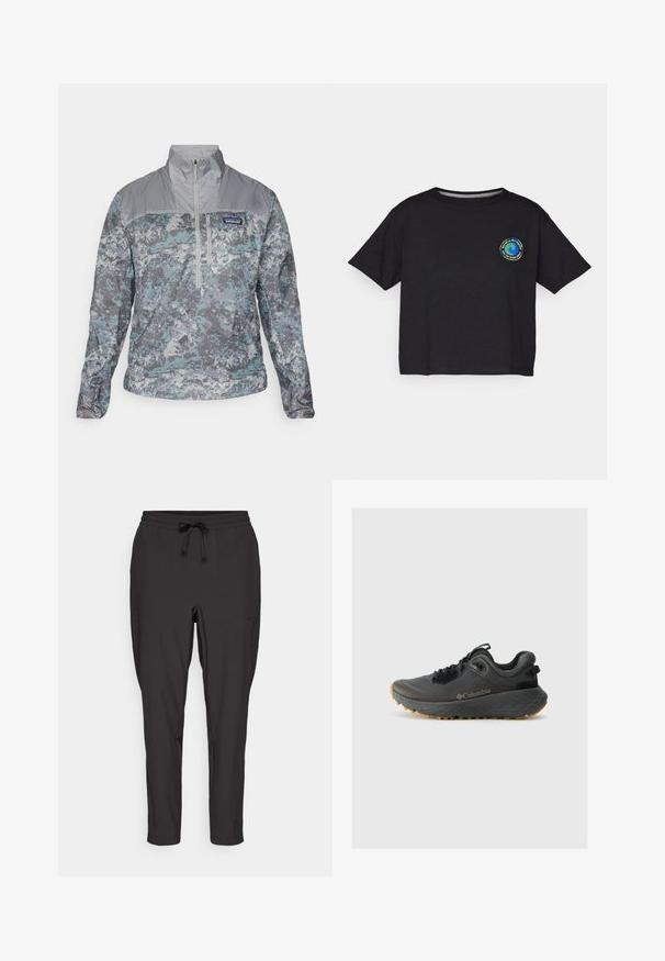 Lightweight pull-over jacket in grey and blue camouflage pattern, with a high collar, half-zip front, and textured fabric accents.; Black cotton short-sleeve T-shirt featuring a circular multicolored logo on the chest. Straight hem and relaxed fit.; Black jogger pants with an elastic waistband, drawstring detail, and side pockets. Made from a smooth, lightweight fabric.; Columbia TERRASTRIDE CRZ - Hiking shoes - shark/black