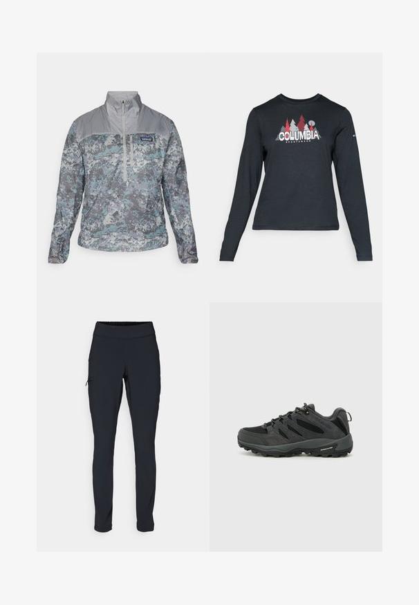 Lengvas megztinis pilkos ir mėlynos kamufliažo raštu, su aukštu apykaklės, pusiau užtrauktuku priekyje ir tekstūruotais audinio akcentais.; Ilga rankovė tamsiai pilka marškinėliai su raudonų medžių ir kalnų grafika; drąsaus baltos spalvos teksto "COLUMBIA" logotipas. Minkšta medžiaga, standartinis apvalus kaklas.; Juodi sportiniai medvilniniai kelnių modeliai su siauru kirpimu, elastinga juosmens juosta ir šonine kišene su užtrauktuku. Lygus, elastingas audinys su minimaliais siūlės.; Columbia REDMOND - Turistiniai batai - black/citron haze